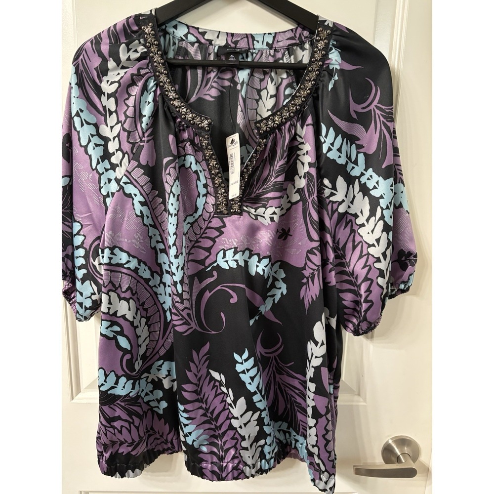 SIZE XL EAST 5TH PURPLE, BLACK AND AQUA BEADED NECK, ELASTIC WAIST BLOUSE NWT